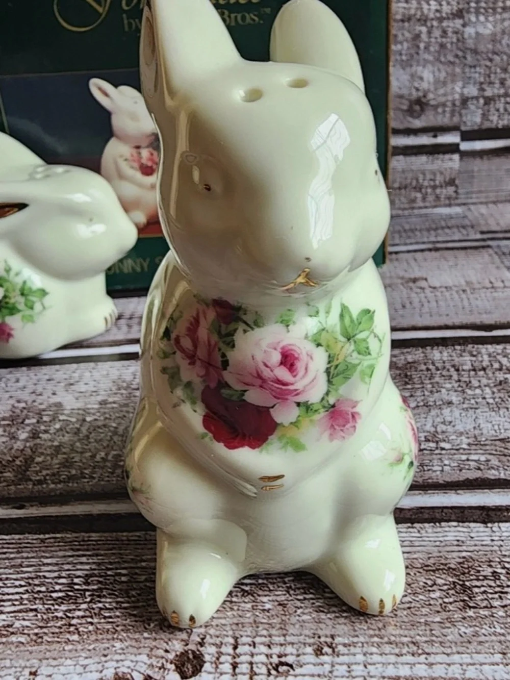 Vintage Victorian Rose Porcelain Bunny Salt and Pepper Shakers